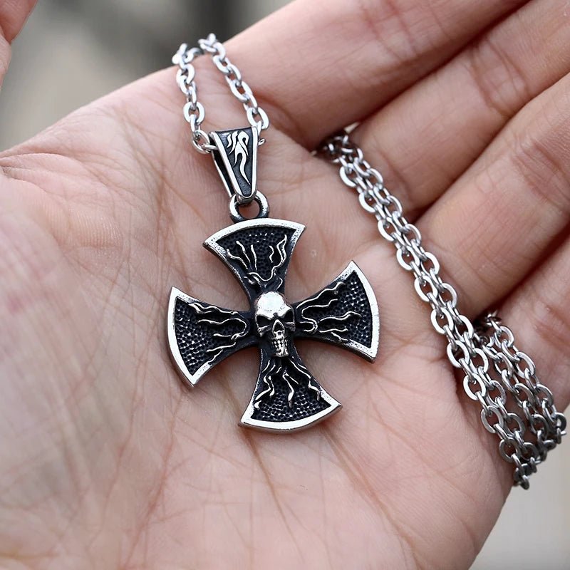 Flaming Cross Pattee Skull Pendant - Chrome Cult
