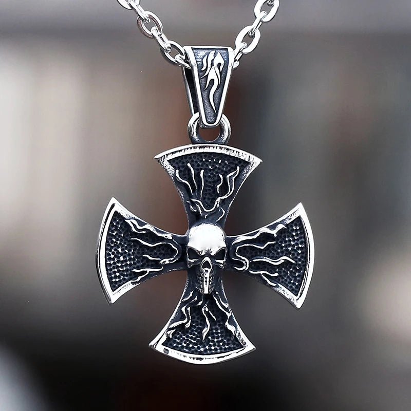 Flaming Cross Pattee Skull Pendant - Chrome Cult