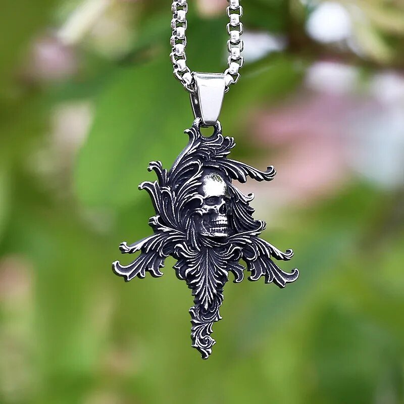 Floral Carved Skull Pendant - Chrome Cult