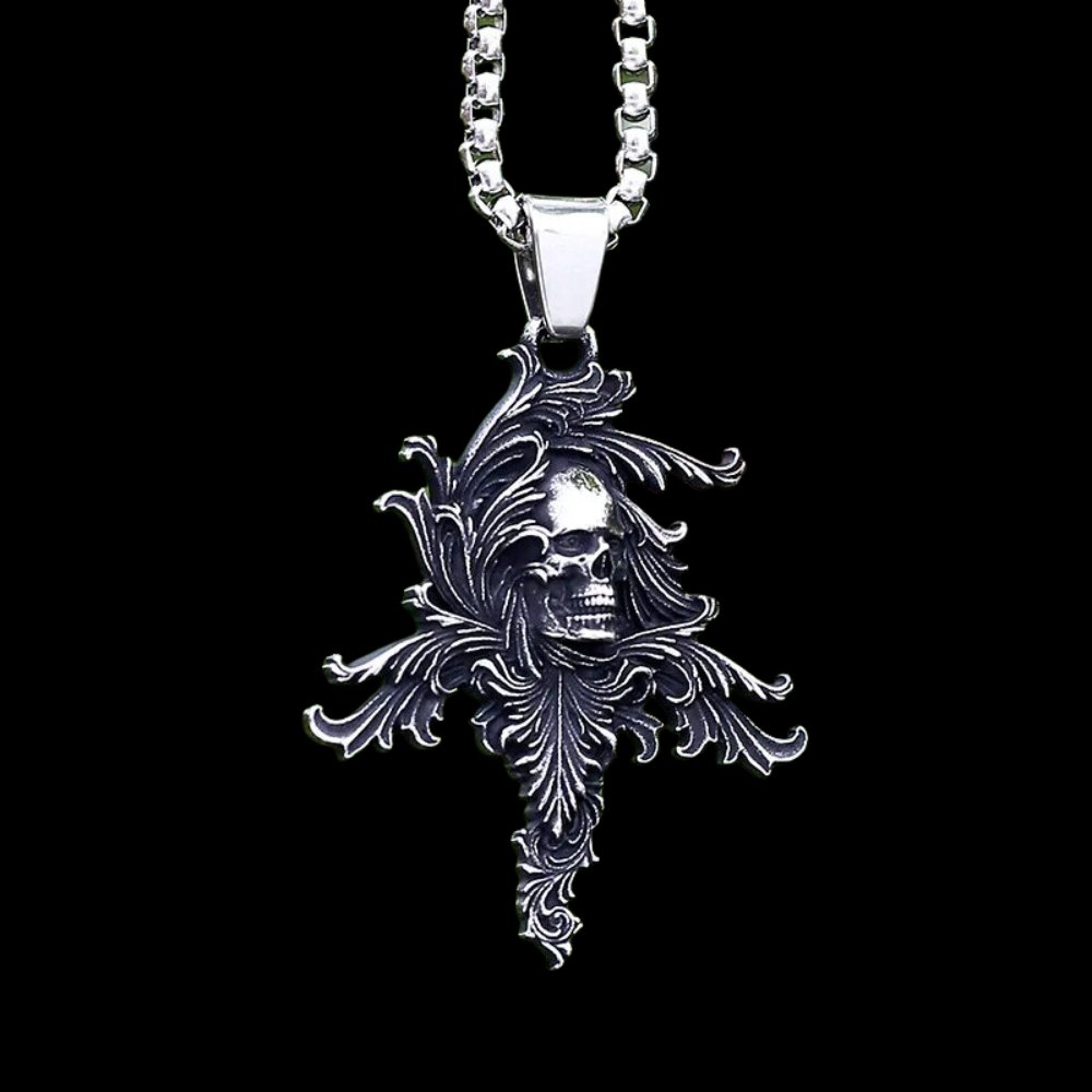 Floral Carved Skull Pendant - Chrome Cult