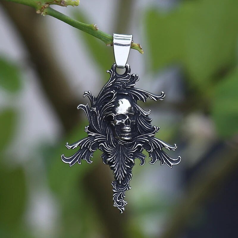 Floral Carved Skull Pendant - Chrome Cult