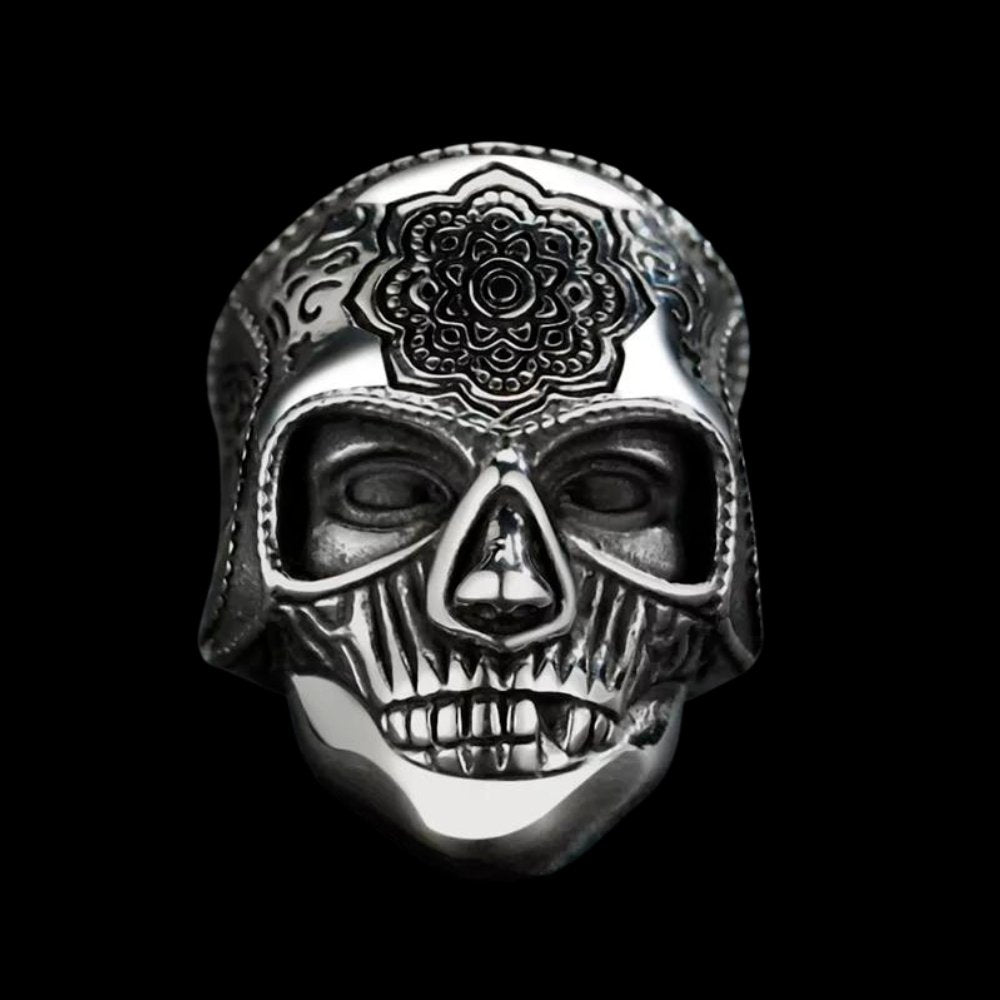 Floral Mandala Combatant Skull Ring - Chrome Cult