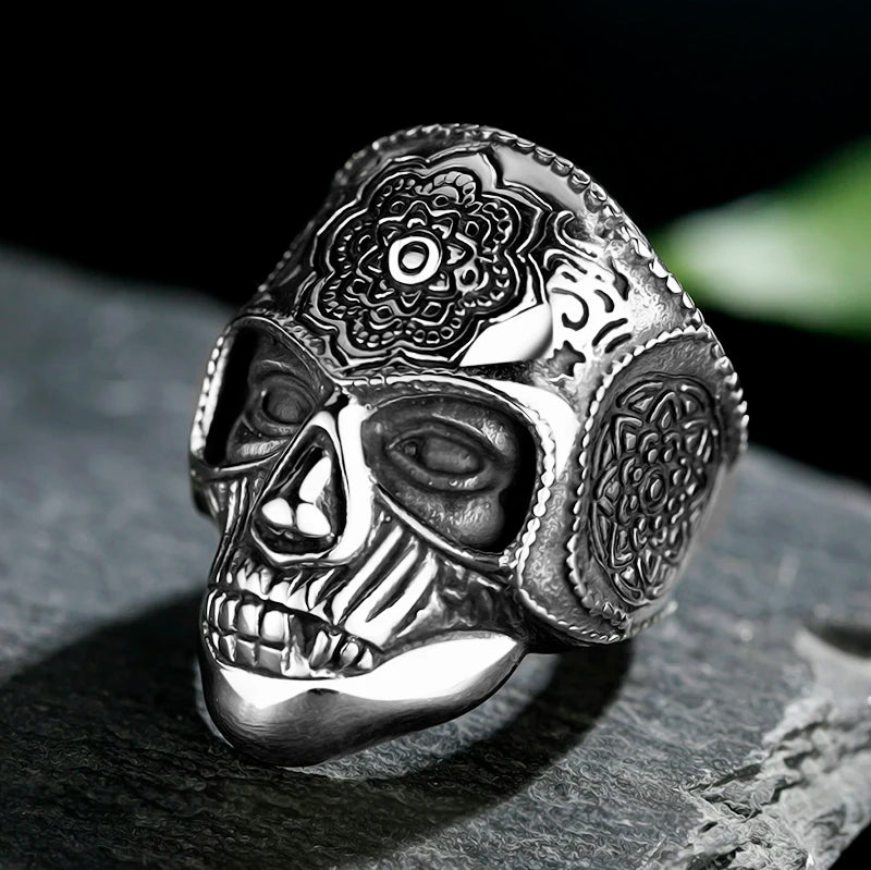 Floral Mandala Combatant Skull Ring - Chrome Cult