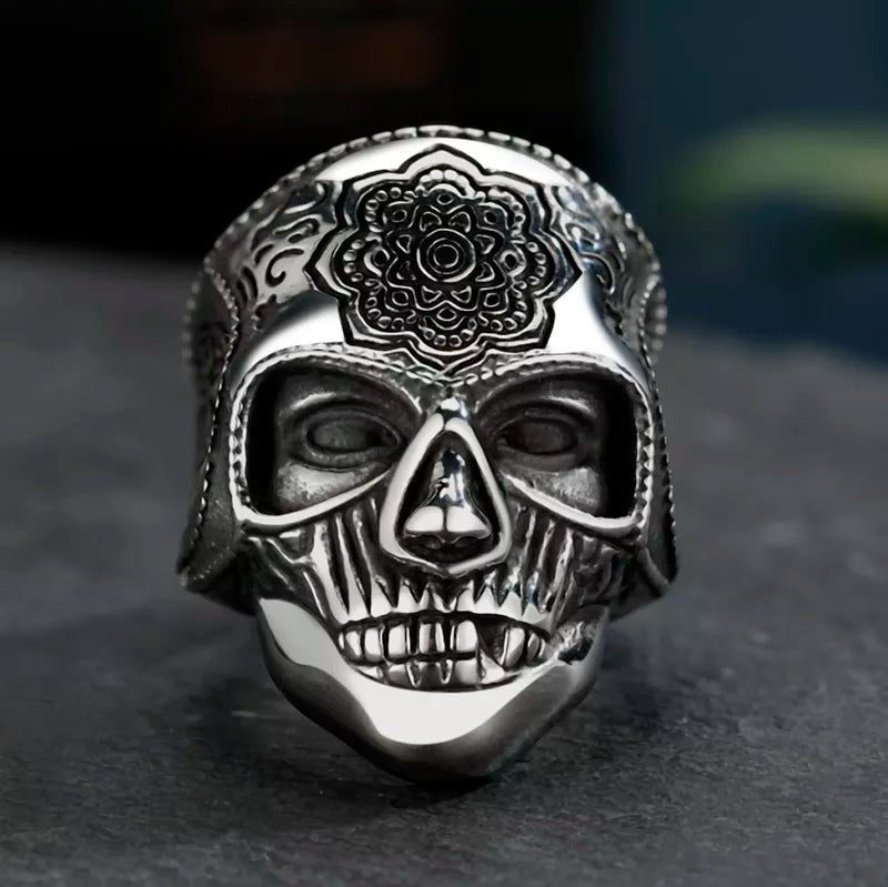 Floral Mandala Combatant Skull Ring - Chrome Cult