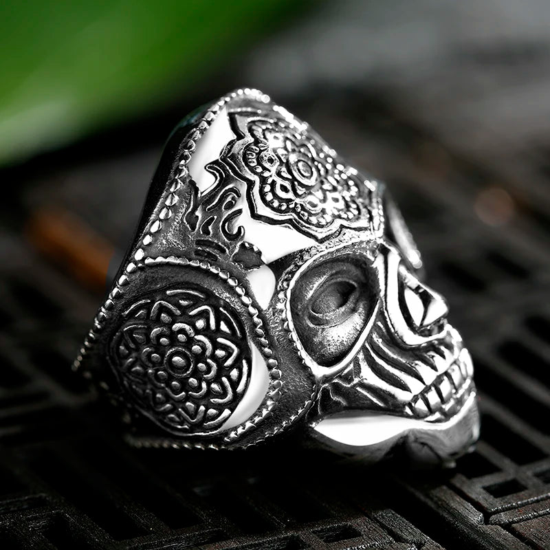 Floral Mandala Combatant Skull Ring - Chrome Cult