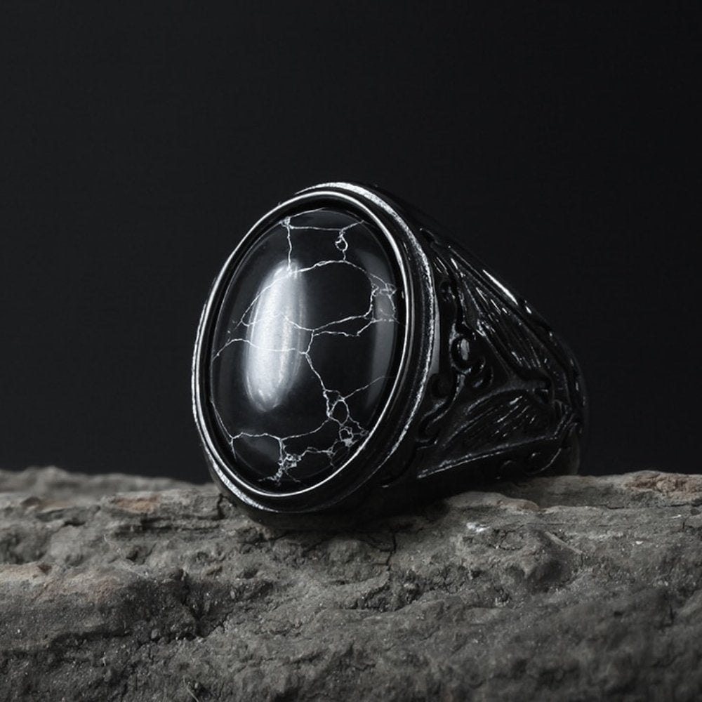 Gothic Black Marble Gemstone Ring Chrome Cult