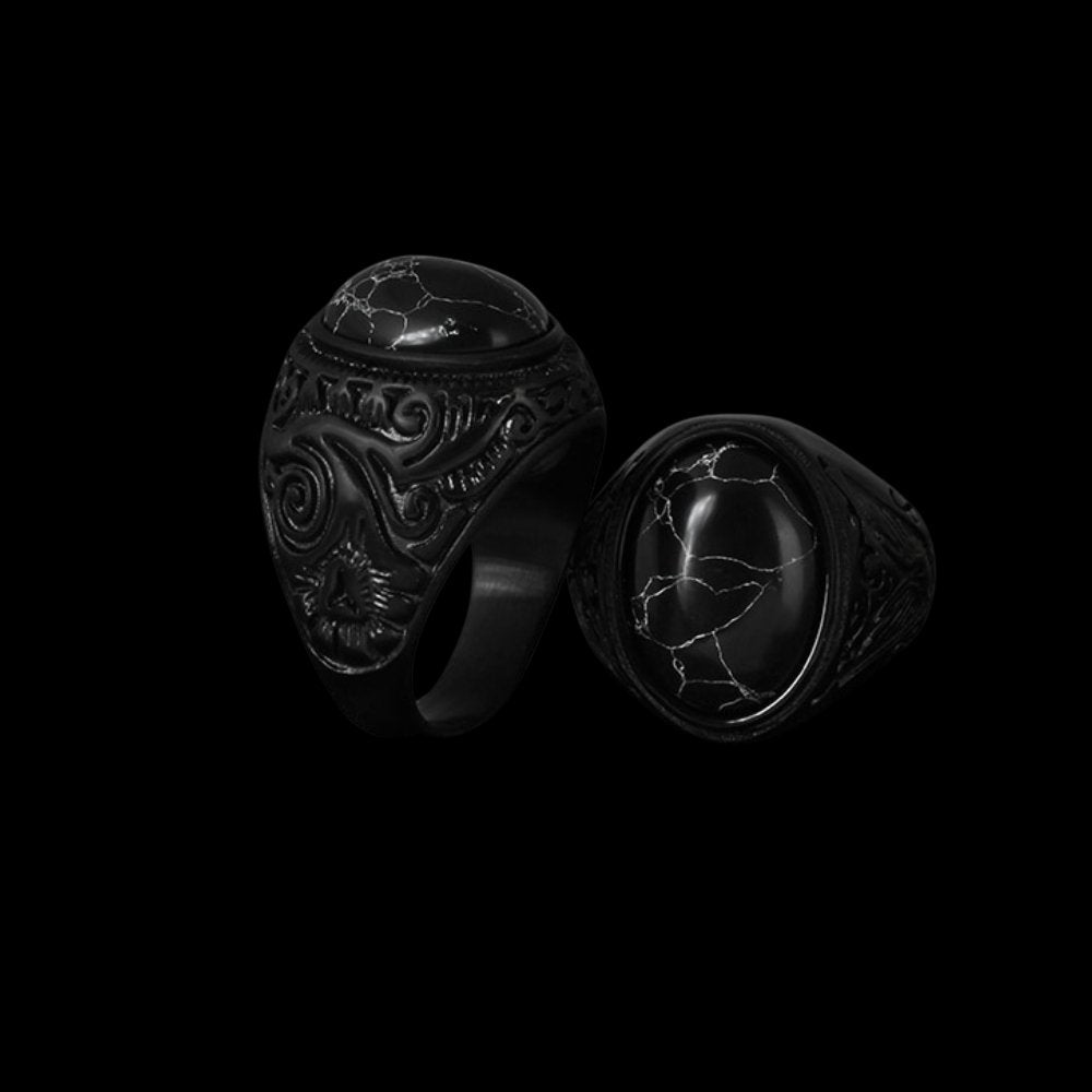 Gothic Black Marble Gemstone Ring - Chrome Cult