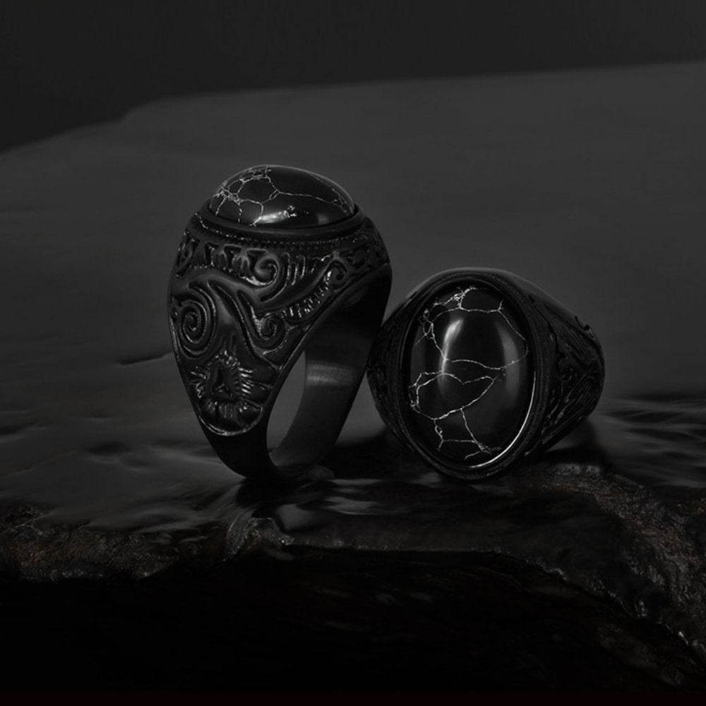 Gothic Black Marble Gemstone Ring - Chrome Cult