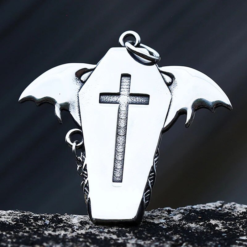 Gothic Coffin Bat Wings Pendant - Chrome Cult