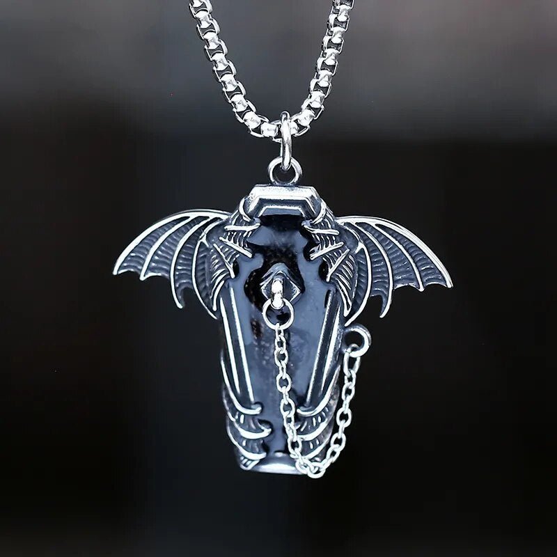 Gothic Coffin Bat Wings Pendant - Chrome Cult