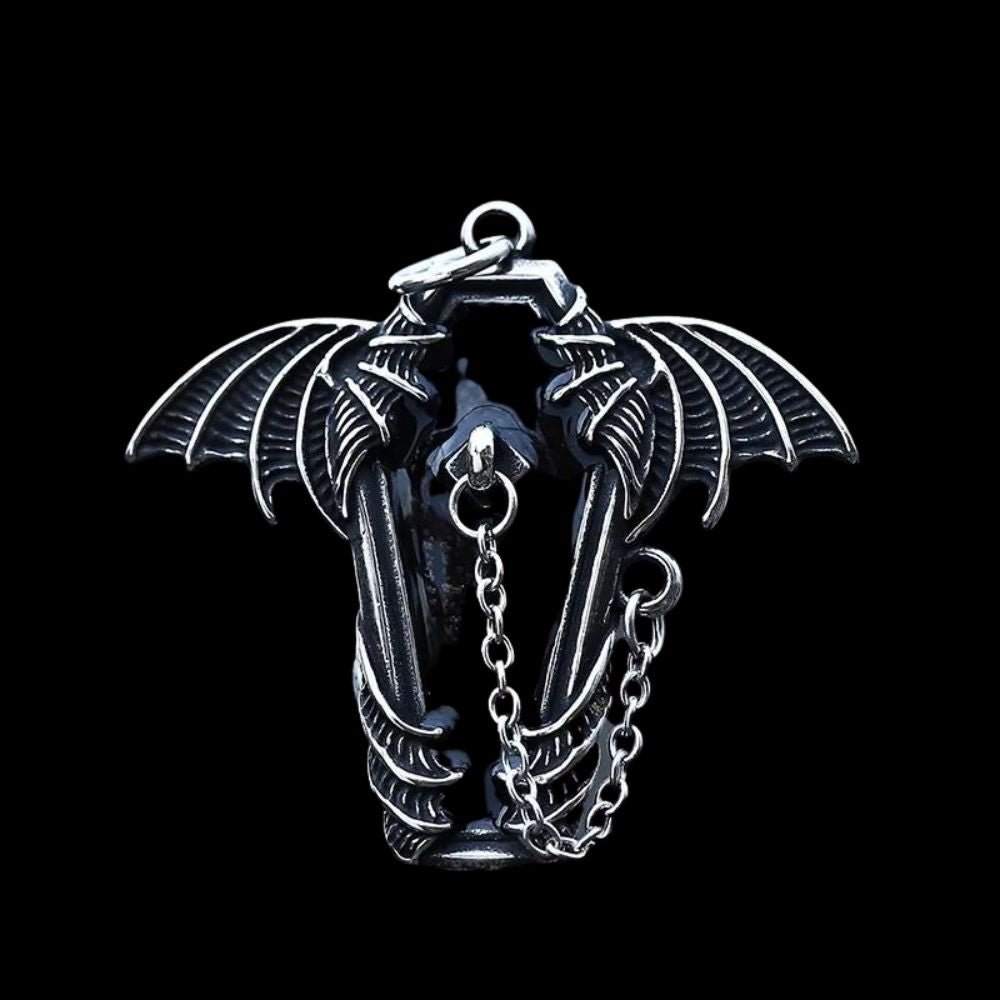 Gothic Coffin Bat Wings Pendant - Chrome Cult