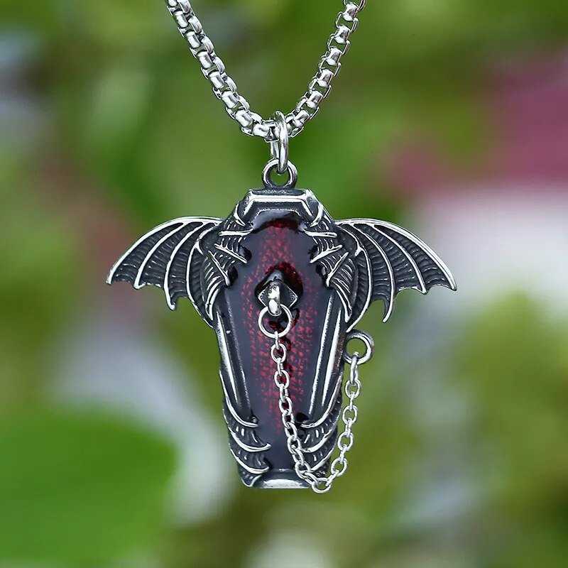 Gothic Coffin Bat Wings Pendant - Chrome Cult