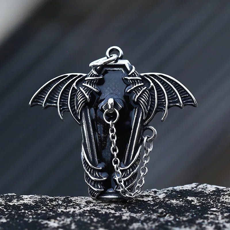 Gothic Coffin Bat Wings Pendant - Chrome Cult