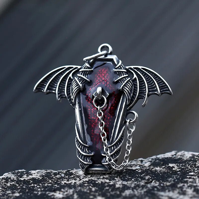 Gothic Coffin Bat Wings Pendant - Chrome Cult