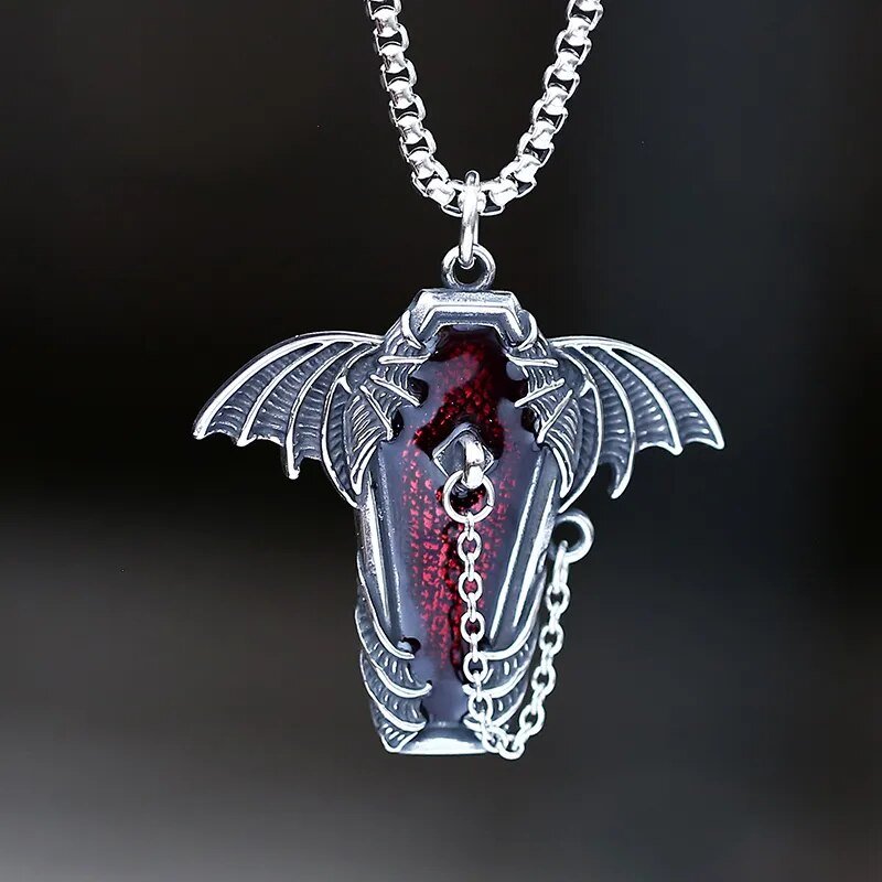 Gothic Coffin Bat Wings Pendant - Chrome Cult