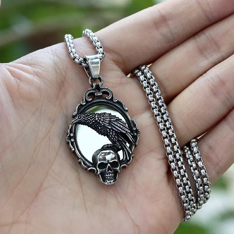 Gothic Raven Skull Mirror Pendant - Chrome Cult