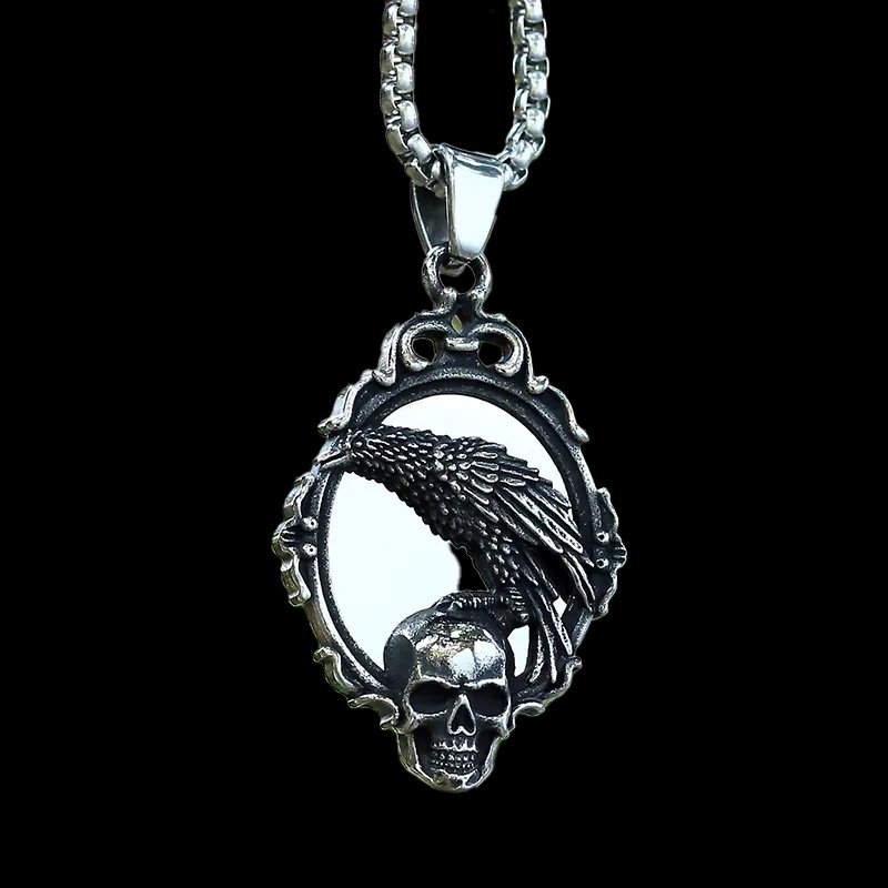 Gothic Raven Skull Mirror Pendant - Chrome Cult