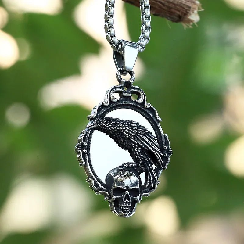 Gothic Raven Skull Mirror Pendant - Chrome Cult