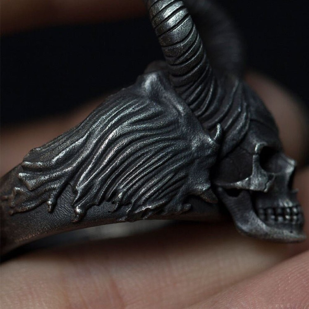 Gothic Satanic Demon Sorath Shofar Skull Ring - Chrome Cult