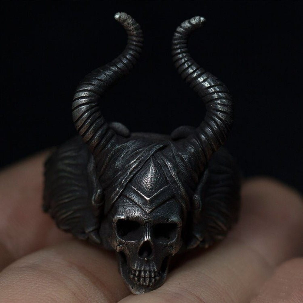 Gothic Satanic Demon Sorath Shofar Skull Ring - Chrome Cult