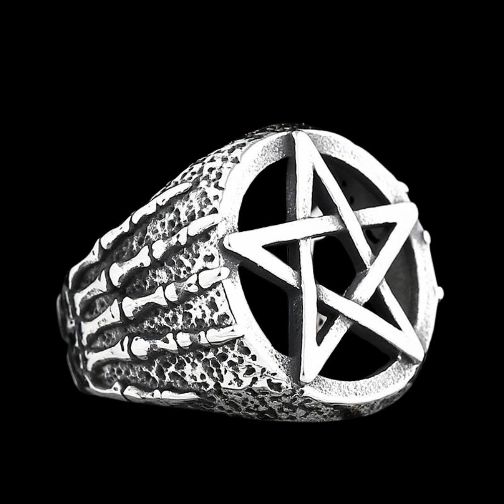 Hands Of Death Pentagram Skull Ring - Chrome Cult