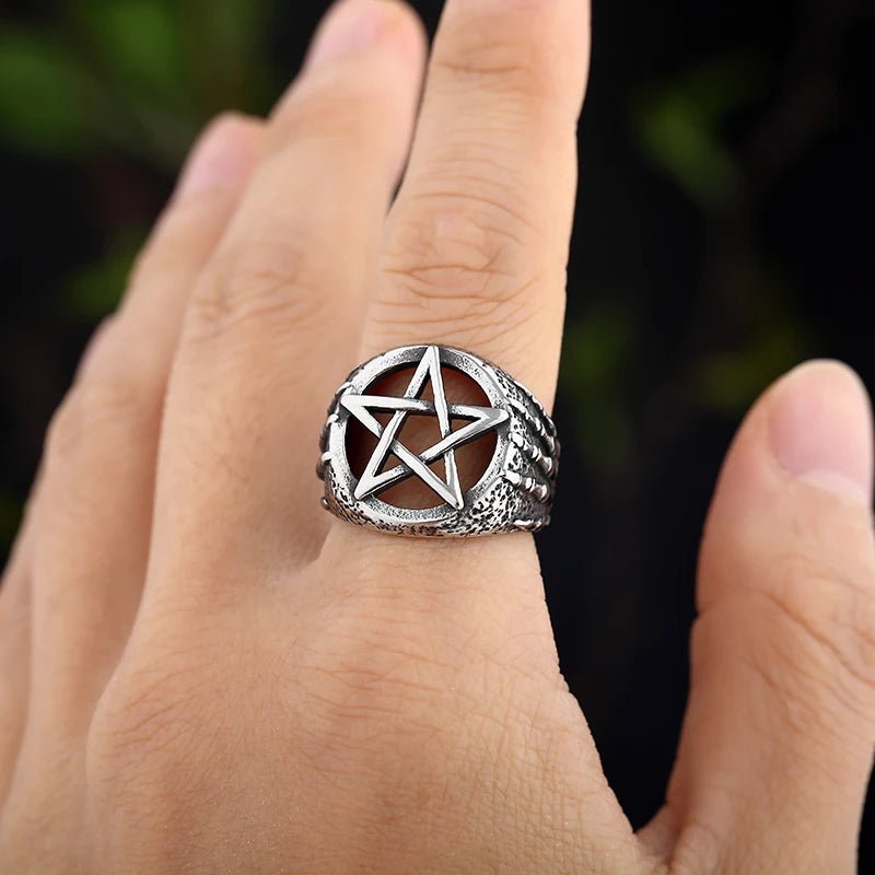 Hands Of Death Pentagram Skull Ring - Chrome Cult