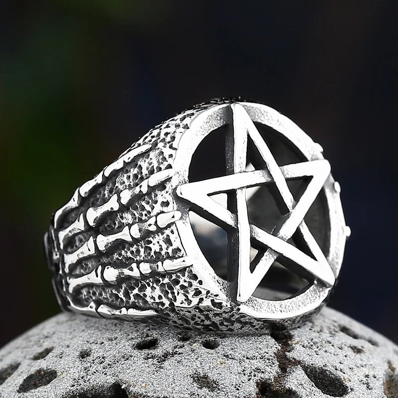 Hands Of Death Pentagram Skull Ring - Chrome Cult