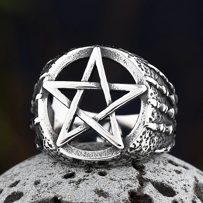 Hands Of Death Pentagram Skull Ring - Chrome Cult