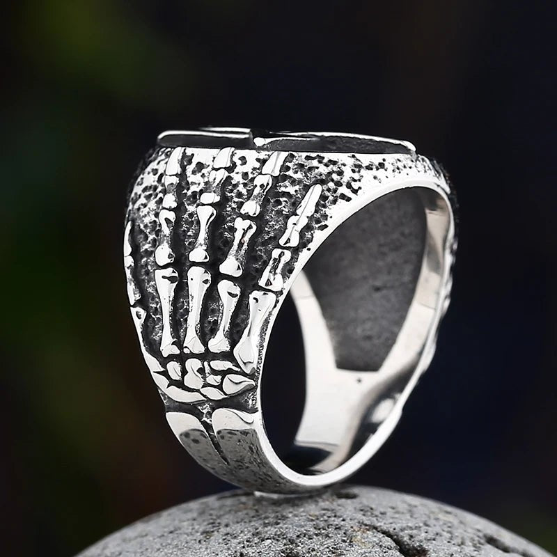 Hands Of Death Pentagram Skull Ring - Chrome Cult