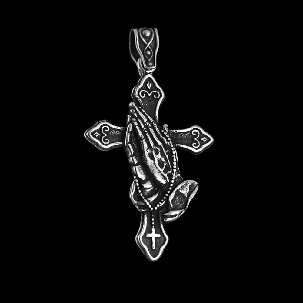 Hands Of Prayer Cross Pendant - Chrome Cult