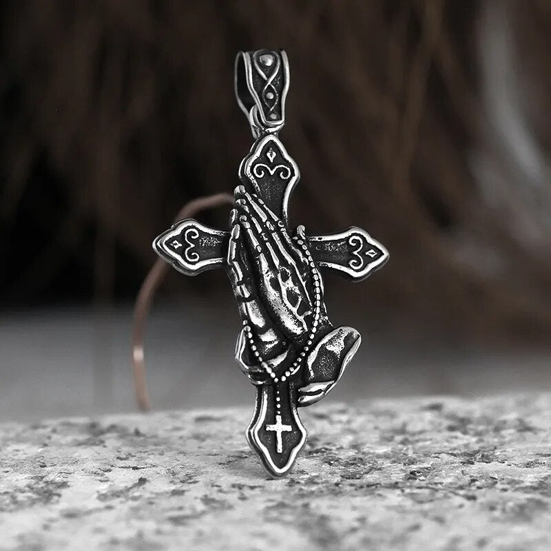 Hands Of Prayer Cross Pendant - Chrome Cult