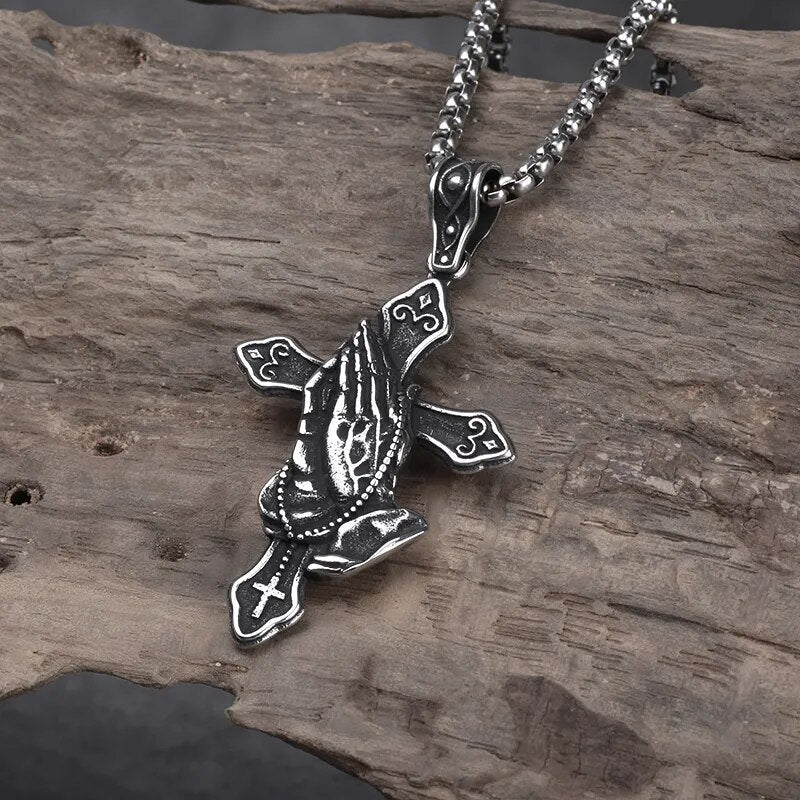 Hands Of Prayer Cross Pendant - Chrome Cult