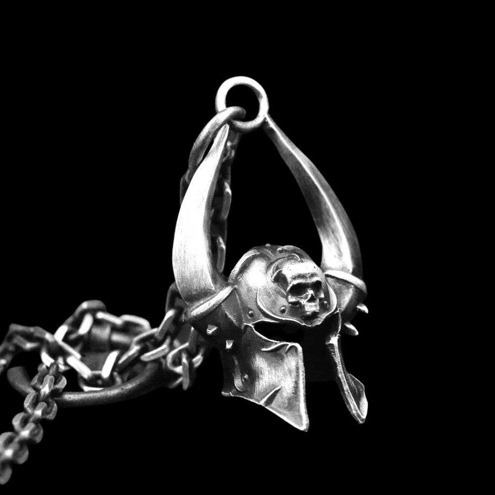 Horned Skull Spartan Helmet Pendant - Chrome Cult