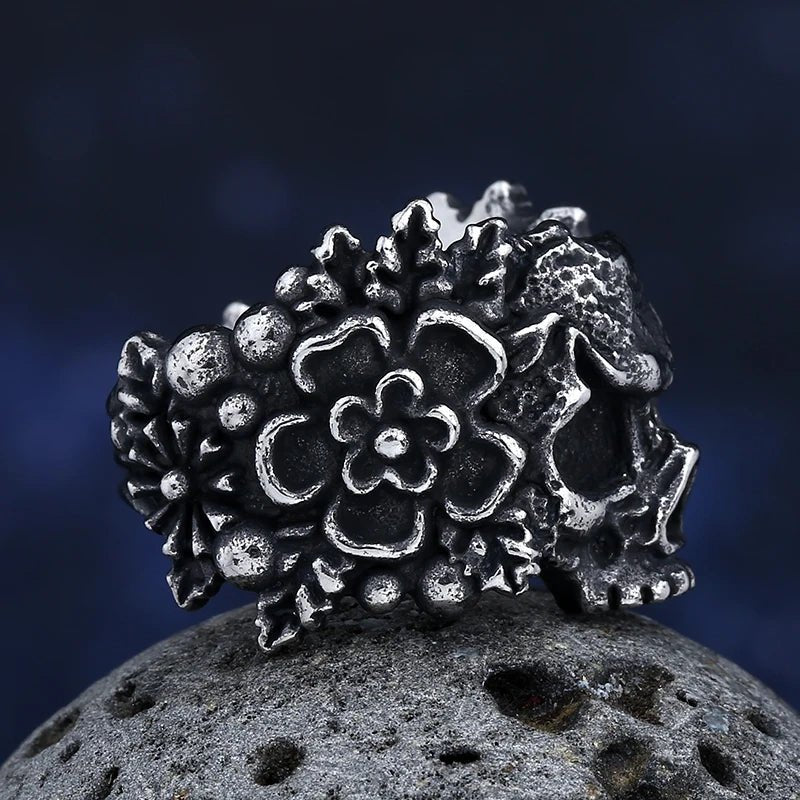 La Calavera Catrina Skull Floral Ring - Chrome Cult