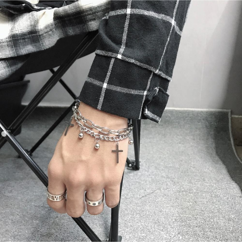 Layered Ball & Cross Charm Bracelet - Chrome Cult