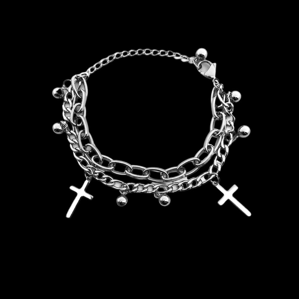 Layered Ball & Cross Charm Bracelet - Chrome Cult