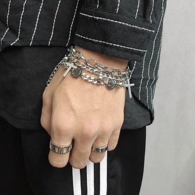 Layered Ball & Cross Charm Bracelet - Chrome Cult