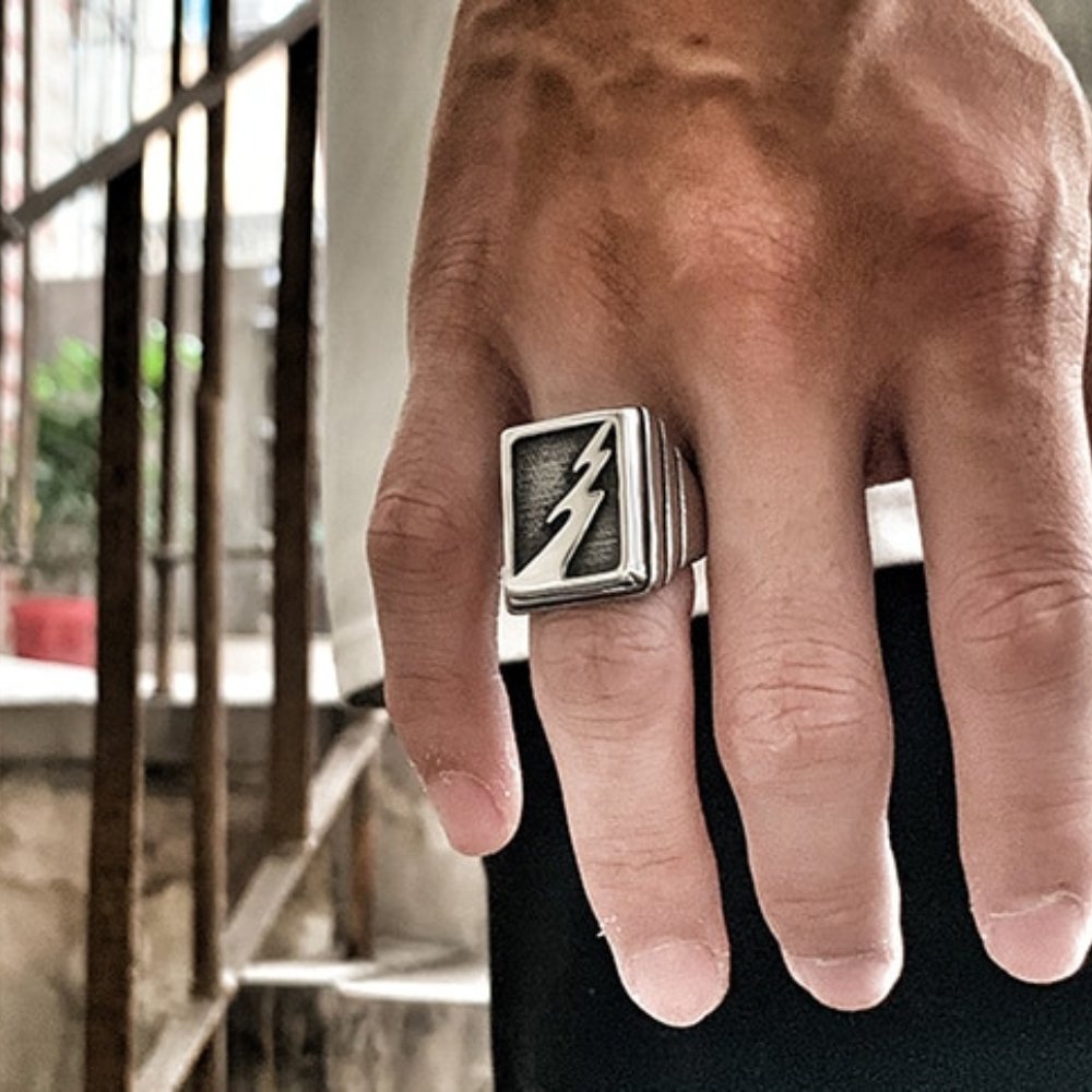Lightning Bolt Signet Ring | Stainless Steel Gothic Jewelry