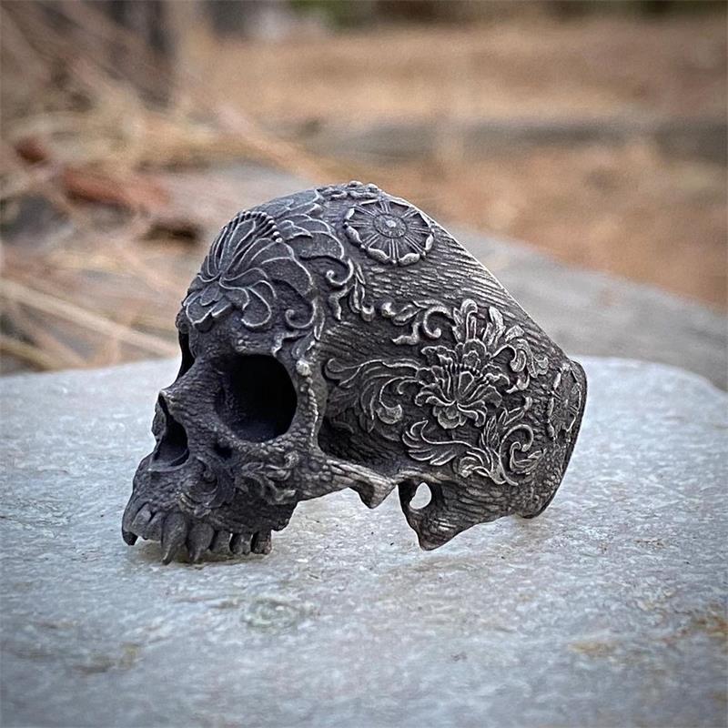 Mandala Flower Skull Ring - Chrome Cult