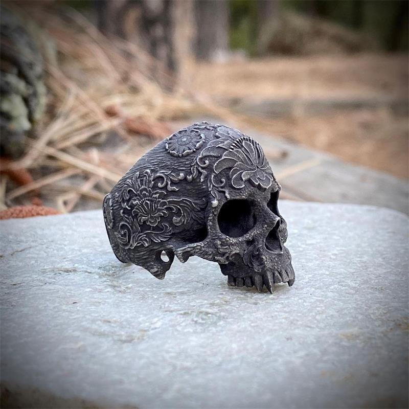 Mandala Flower Skull Ring - Chrome Cult