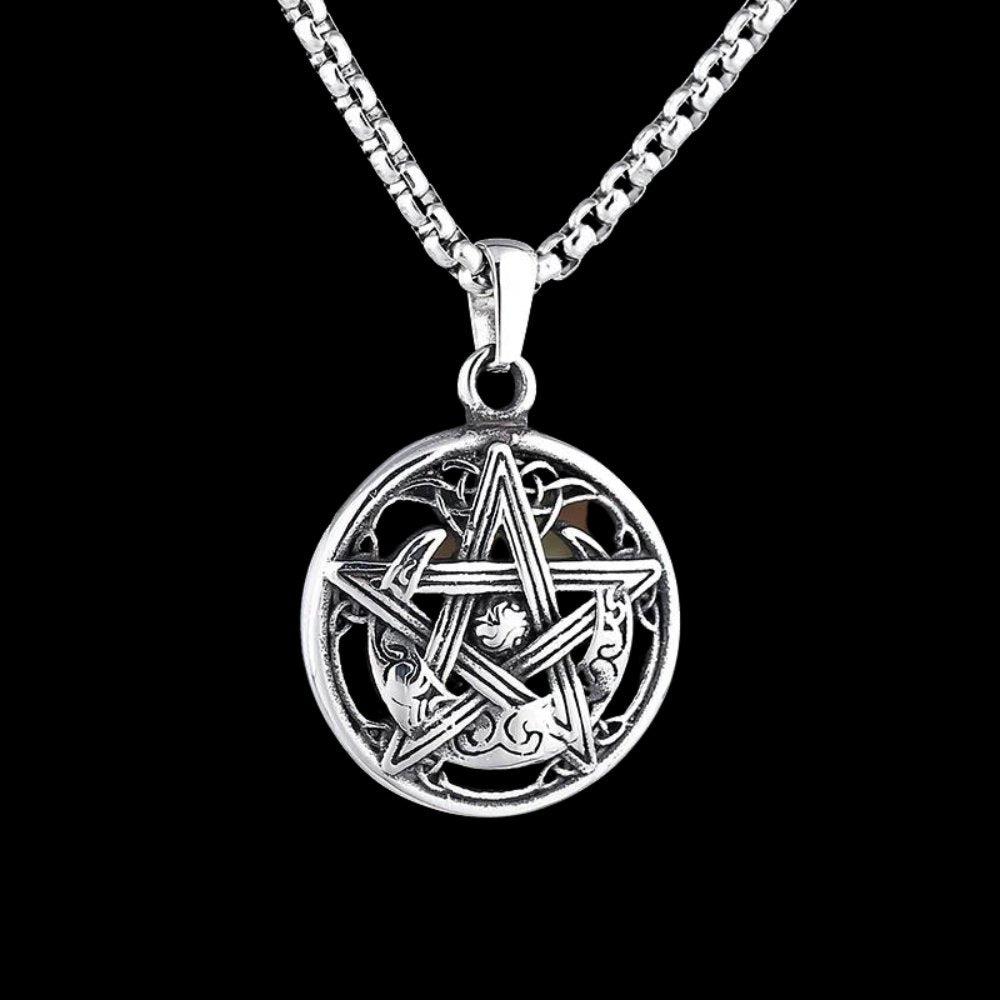 Pentagram Crescent Moon Pendant - Chrome Cult