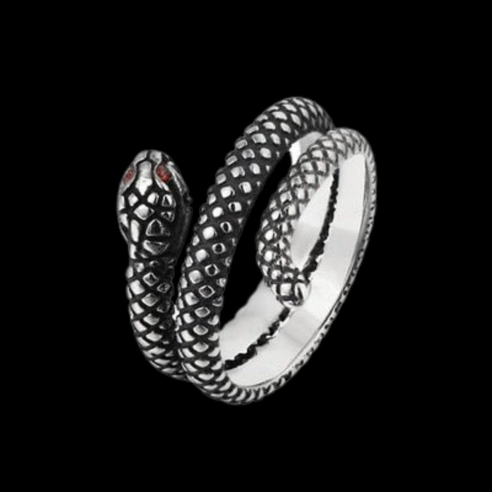 Red Eyed Coiled Snake Ring - Chrome Cult