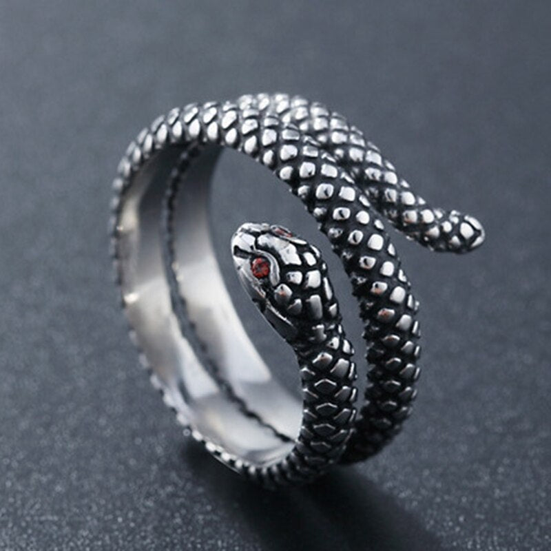 Red Eyed Coiled Snake Ring - Chrome Cult