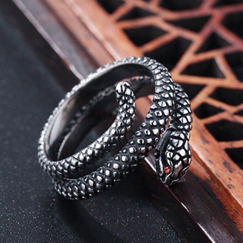 Red Eyed Coiled Snake Ring - Chrome Cult