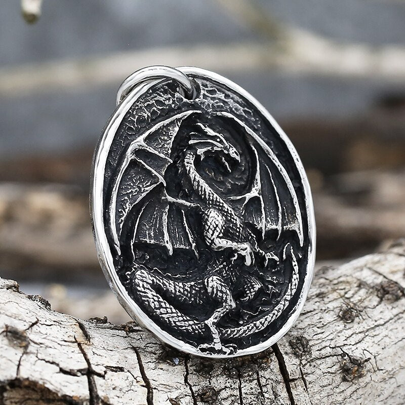 Retro Dragon Round Pendant - Chrome Cult