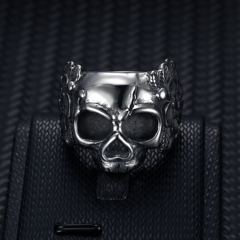 Santa Muerte Flower Skull Ring - Chrome Cult