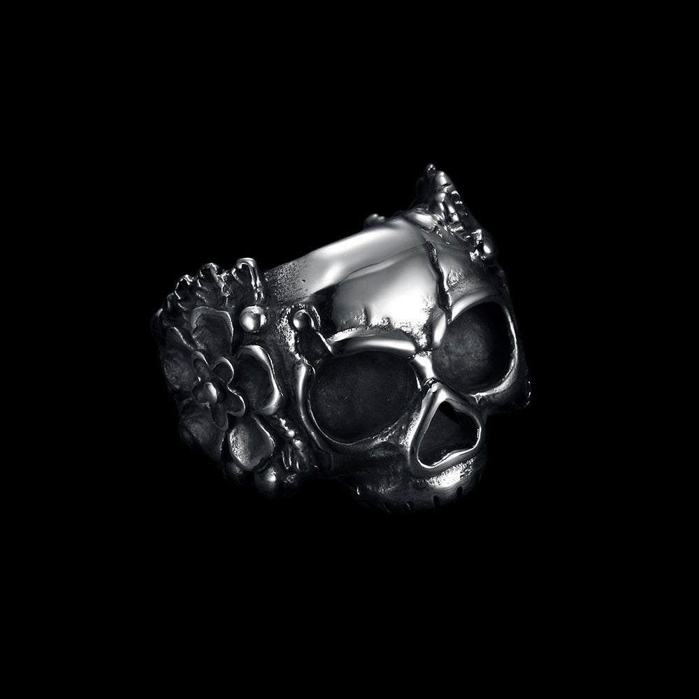Santa Muerte Flower Skull Ring - Chrome Cult