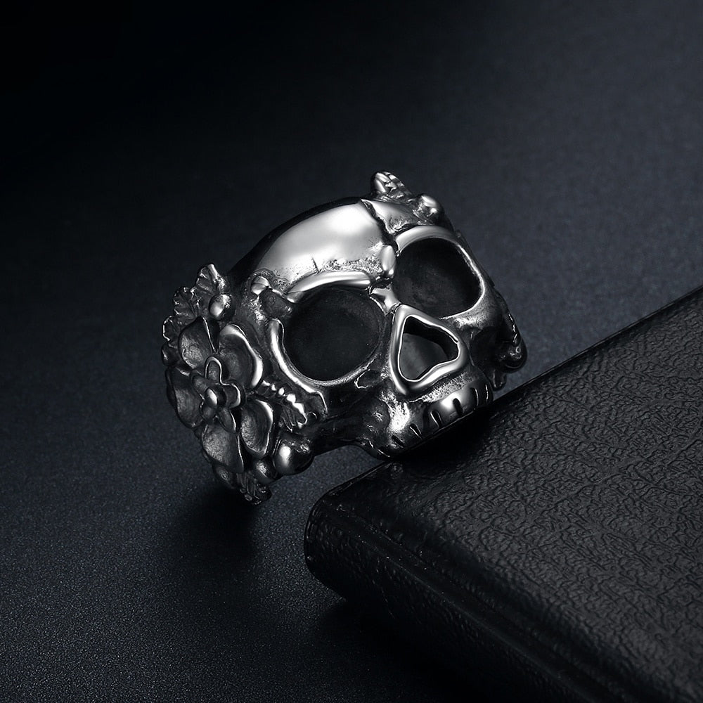 Santa Muerte Flower Skull Ring - Chrome Cult