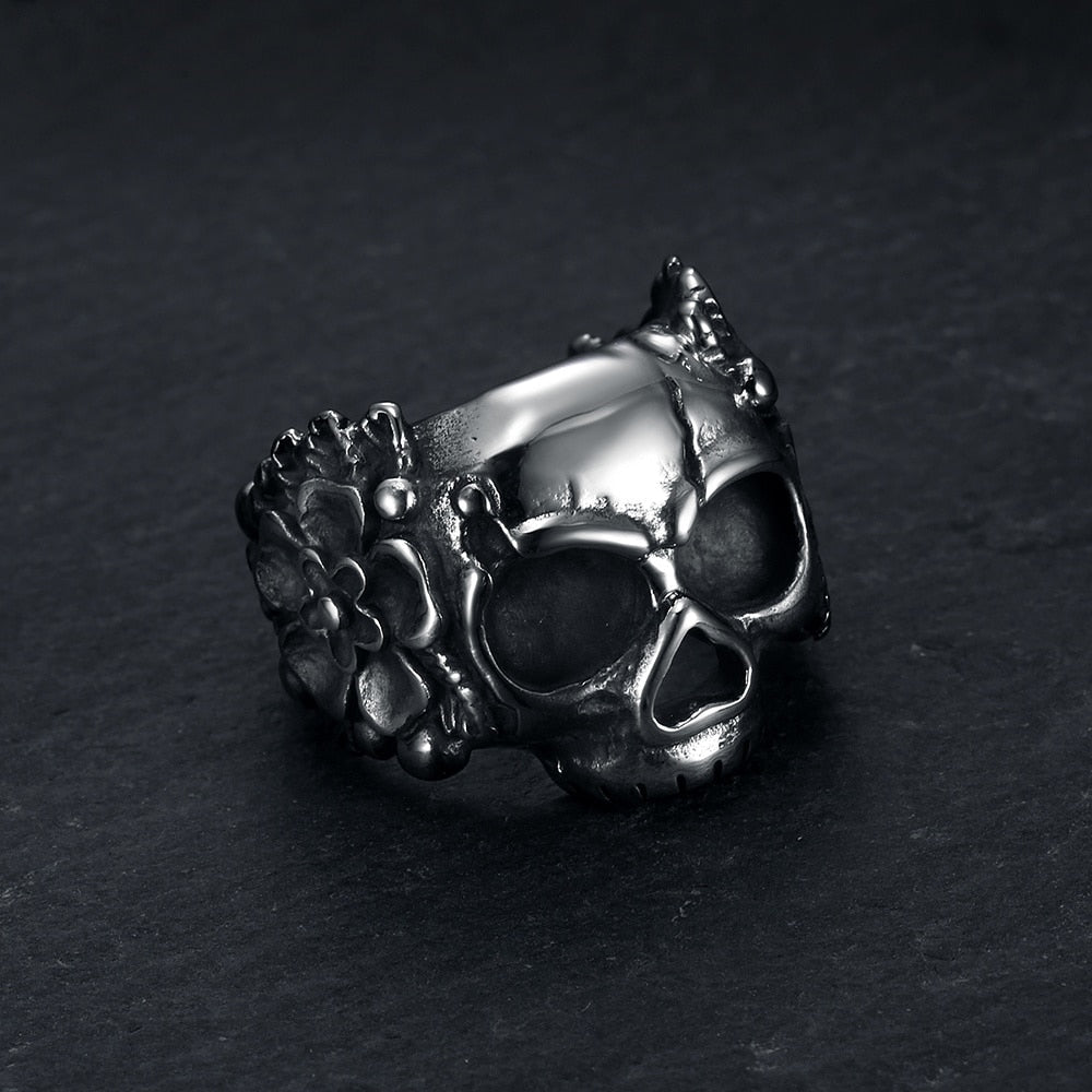 Santa Muerte Flower Skull Ring - Chrome Cult