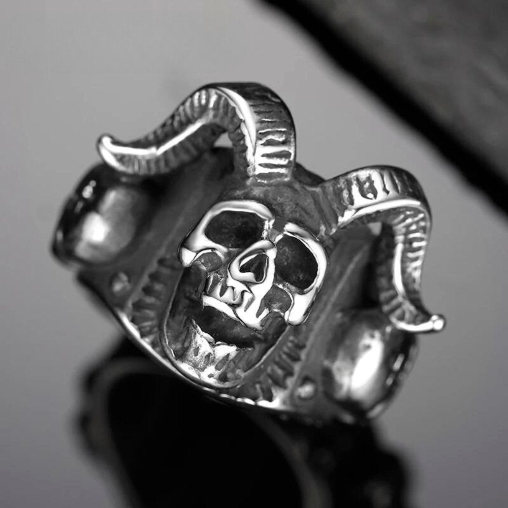 Satanic Longhorn Skull Ring - Chrome Cult